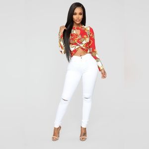 Fashion Nova Isabella Mock Neck Top, Red & White, Size Small